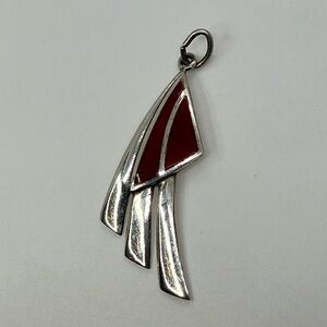 Vtg 925 Sterling Silver & Carnelian Stone Wing Shaped Necklace Pendant